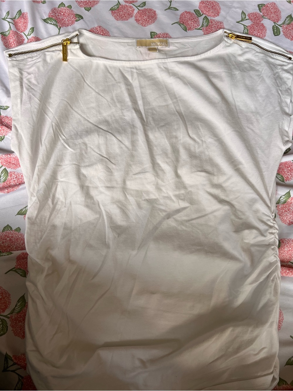 Michael Kors Cream Short-Sleeve Top with Gold Shoulder Zippers
